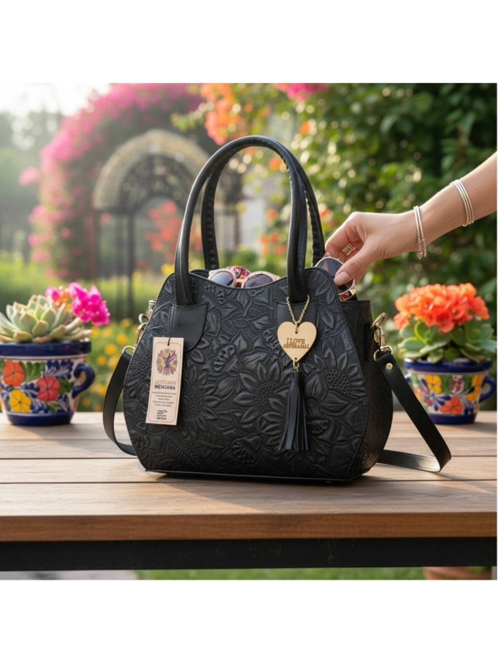 Black Embossed Tooled Artisan LEATHER Shoulder Bag Purse Bolsa Artesanal Piel